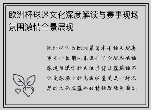 欧洲杯球迷文化深度解读与赛事现场氛围激情全景展现